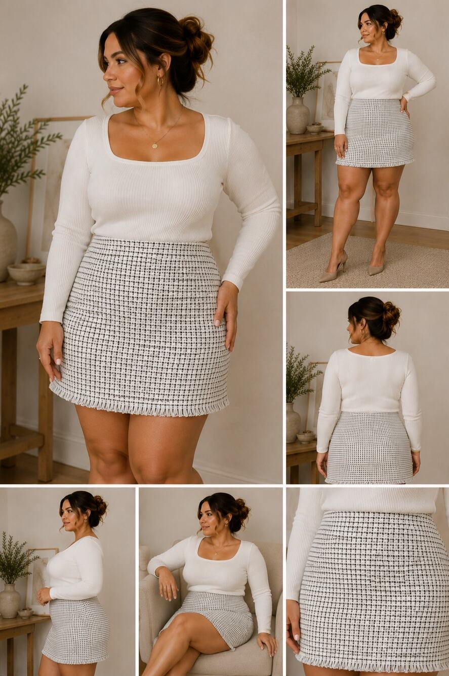 New York & Co Tweed Mini Skirt 16 Black White Plaid Preppy Academia Y2K Fringe